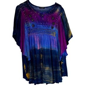 GreaterGood Boho Tie Dye Sequin Embroidered Babydoll Tunic Top Blue Purple